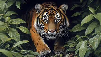 A tiger stealthily emerges from dense foliage, showcasing its striking features and vibrant colors.
