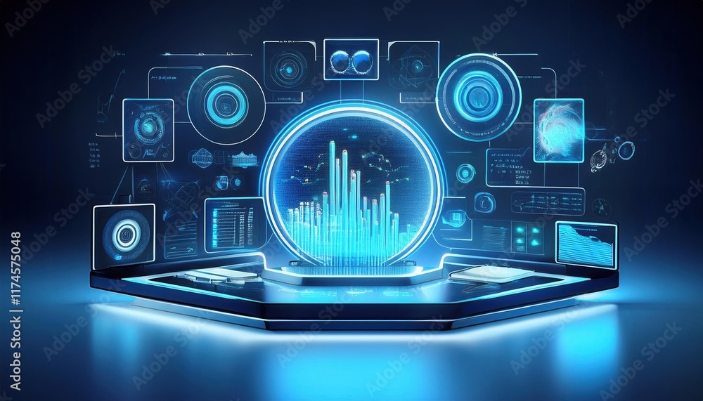 Poster futuristic tablet displaying advanced digital interface surrounded by sleek technology elements crea