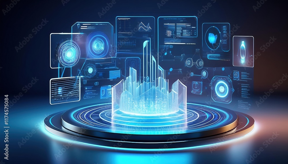 Poster futuristic device showcasing advanced interface with interactive icons and sleek design symbolizing 