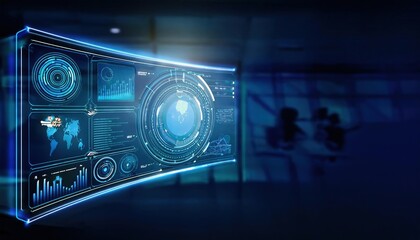 Obraz premium Futuristic Digital Interface Illuminated by Soft Blue Light with Abstract Shapes and Patterns Creating a High-Tech and Modern Visual Experience