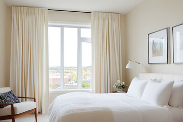modern bedroom featuring cozy bed, elegant floor to ceiling drapes, and stylish armchair. soft color palette creates serene atmosphere, perfect for relaxation