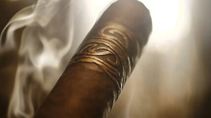 Classic cigar closeup with spiraling smoke softly rising in light focusing on texture with a blurred moody background