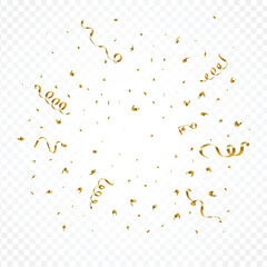 Shiny golden confetti and ribbons explosion on a transparent background. Gold confetti and tinsel vector for birthday celebration. Golden ribbon element for party, anniversary decoration.