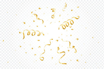 Golden color confetti explosion on a transparent background. Confetti and ribbon design for party, birthday, anniversary, and decoration. Gold confetti and tinsel vector for festival celebration.