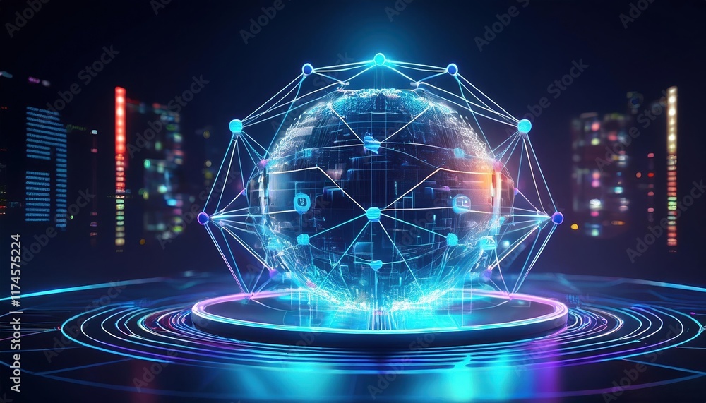 Poster a detailed sphere featuring intricate network patterns symbolizing global connectivity and digital c