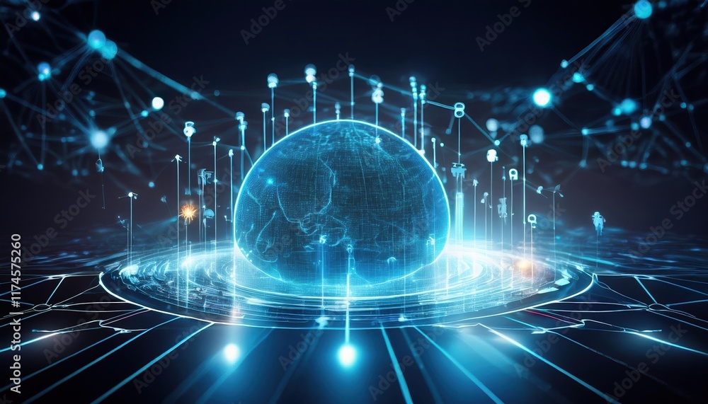 Poster intricate globe surrounded by dynamic lines and dots representing connectivity and globalization in 