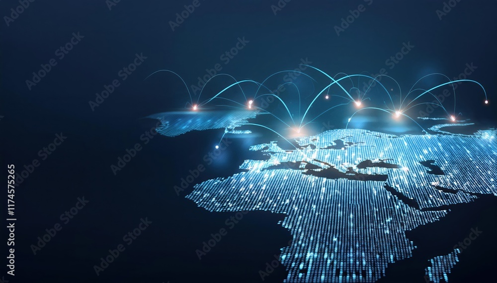 Poster illuminated world map with radiant points of light against a deep blue background creating a global 