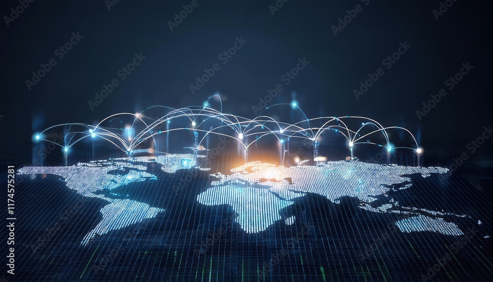 Poster illuminated world map featuring bright lines and dots connecting cities in a modern global network c