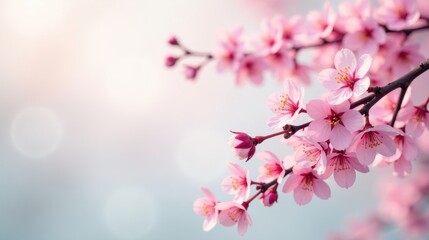 Delicate Pink Blossoms on a Branch, Soft Light Background, Springtime Floral Scene