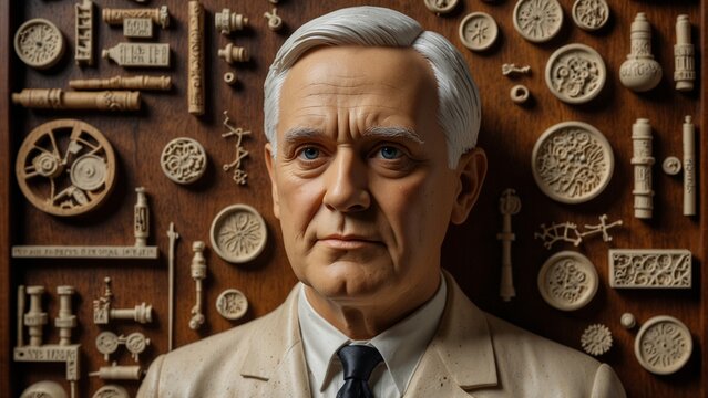 A lifelike wooden carving of Alexander Fleming, depicted with a petri dish, surrounded by carved penicillin mold, microscopes, and chemical structures.