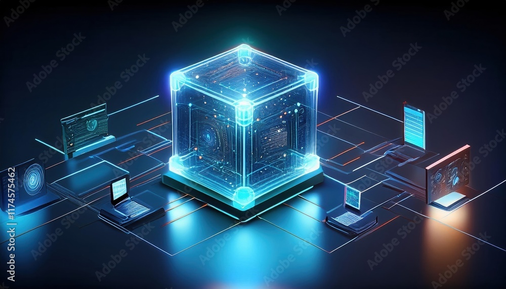 Poster a mysterious cube illuminated by a radiant light source creating an enigmatic atmosphere in a dimly 