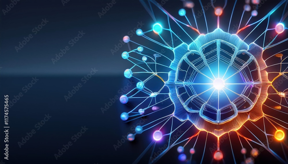 Poster intricate sphere with a network of interconnected nodes symbolizing global connectivity and technolo