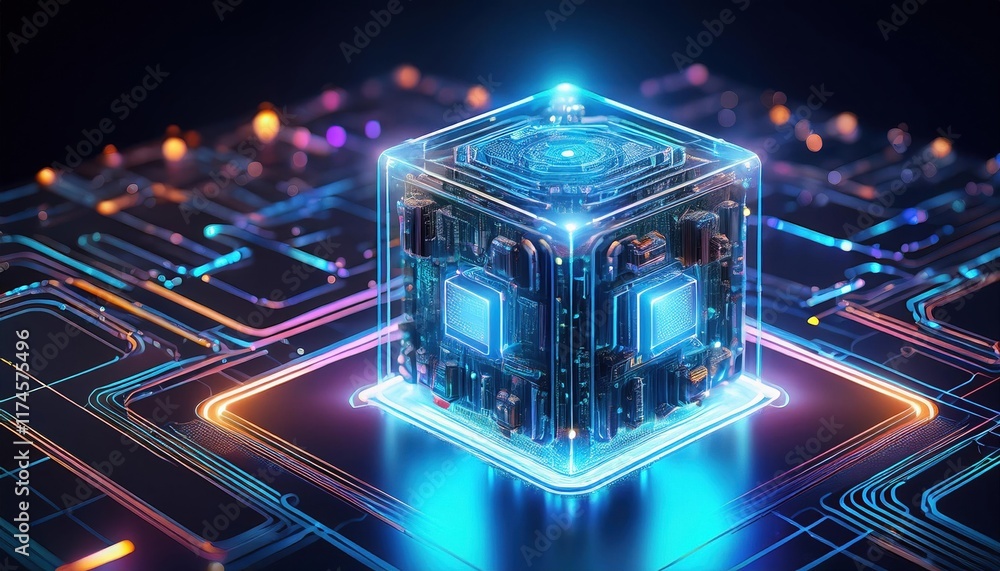 Poster mysterious cube illuminated by glowing blue light casting enigmatic shadows in a dark ambient settin