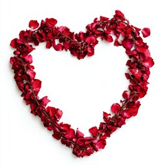 Obraz premium Heart-Shaped Arrangement of Red Rose Petals on a White Background for Romantic Themes and Celebrations