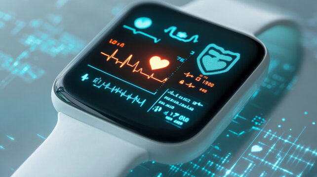 sleek wearable device displaying real time health metrics, including heart rate and ECG readings, showcasing modern technology and health monitoring