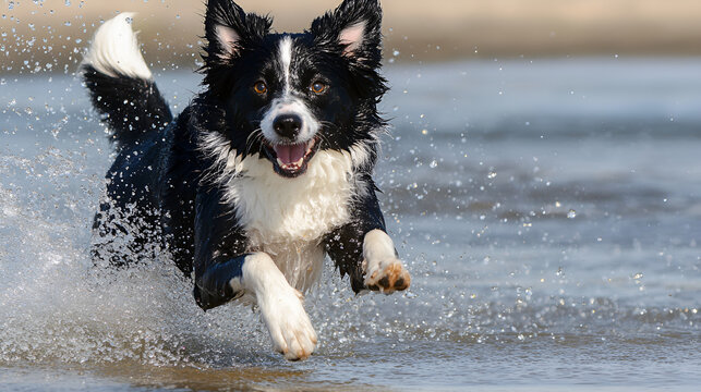 Energetic dog enjoying a fun day on the beach, splashing near the water's edge