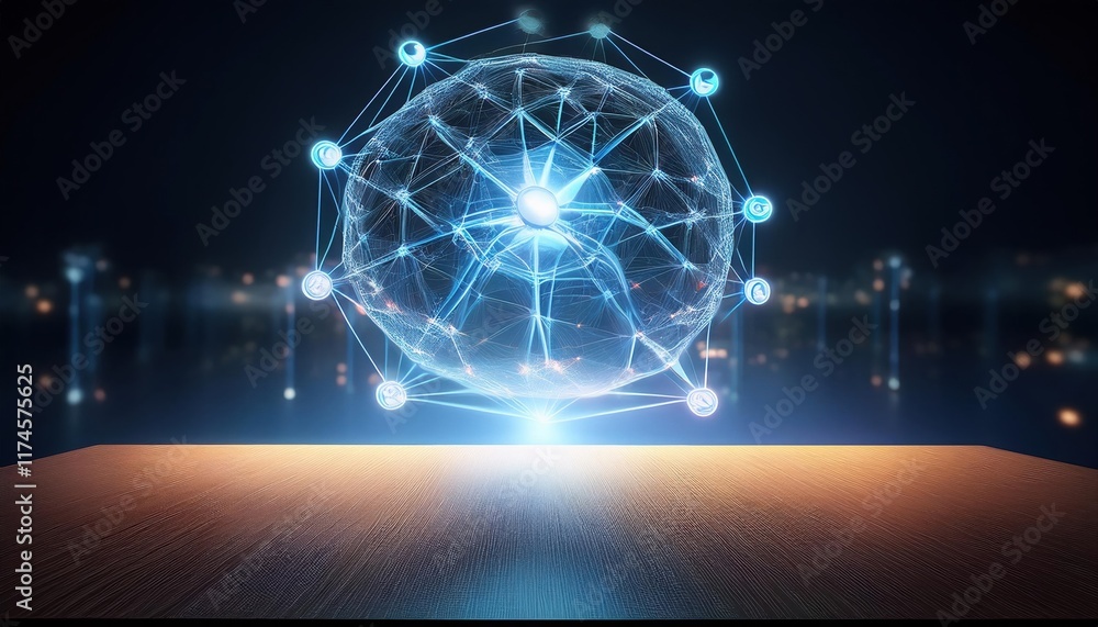 Poster intricate sphere design with dynamic network of interconnected lines and nodes illustrating modern t