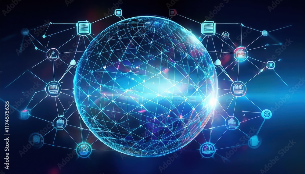 Poster intricate sphere composed of interconnected lines and nodes symbolizing network connectivity and glo