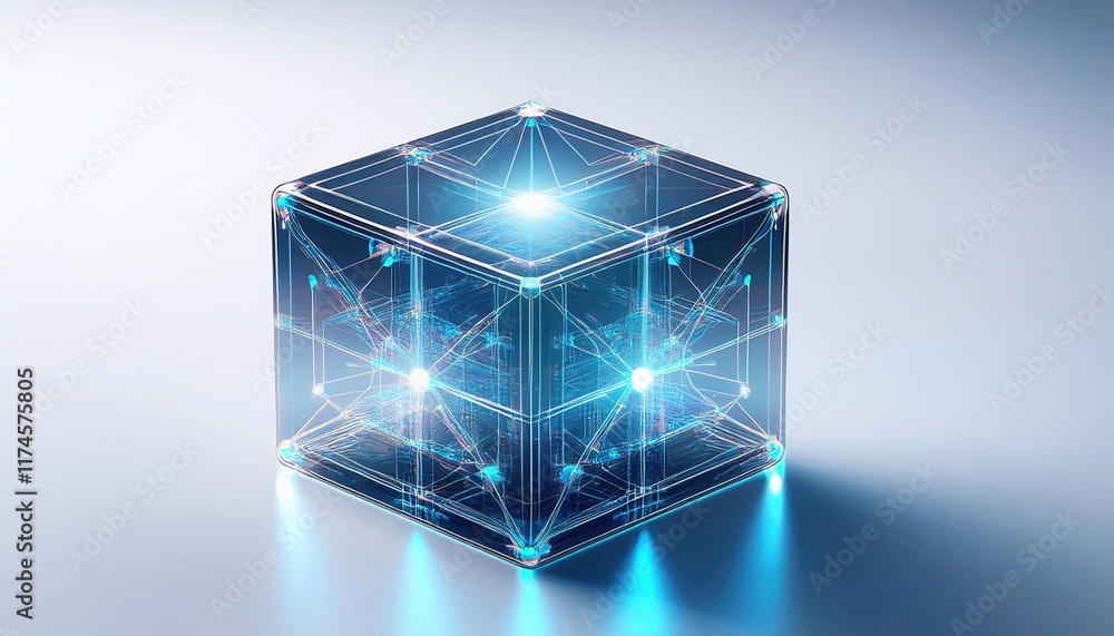 Poster illuminated cube radiating soft blue light in a dark environment creating a mysterious and futuristi