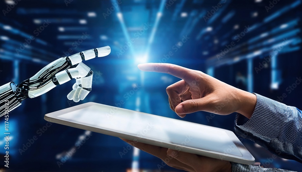 Poster a person engaging with a tablet displaying a lifelike robot character in a modern setting that highl