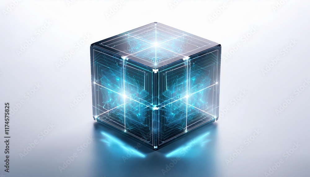 Poster captivating cube enclosed in radiant blue light illuminating surrounding dark space creating an enig