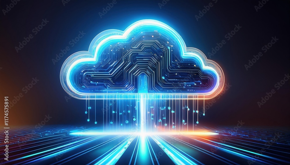Poster dynamic cloud computing concept featuring glowing blue and orange lines representing data flow and c