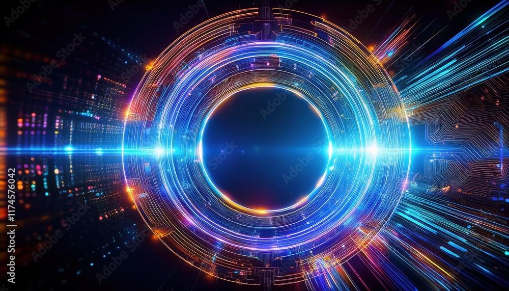 Poster dynamic circular light streaks spreading across a deep black background creating a striking visual c