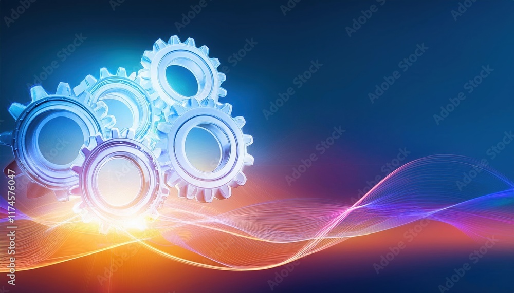 Poster vibrant background of blue and orange colors with intricate gears symbolizing innovation and creativ