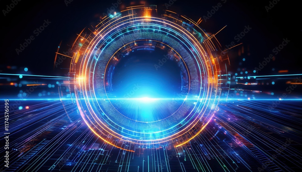 Aufkleber futuristic background featuring circular shapes with vibrant colors and abstract patterns evoking a 