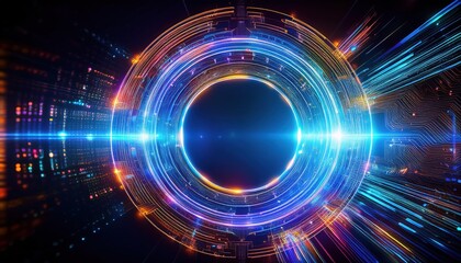 Obraz premium Dynamic Circular Light Streaks Spreading Across a Deep Black Background Creating a Striking Visual Contrast and Evoking a Sense of Movement and Energy