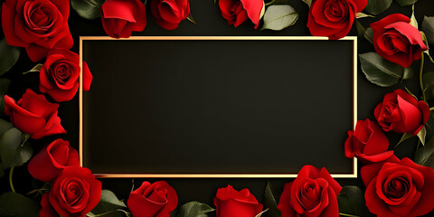 Red Roses Frame Mockup: Elegant gold frame surrounded by lush red roses on a dark background, perfect for Valentine's Day, wedding invitations, or romantic announcements.  