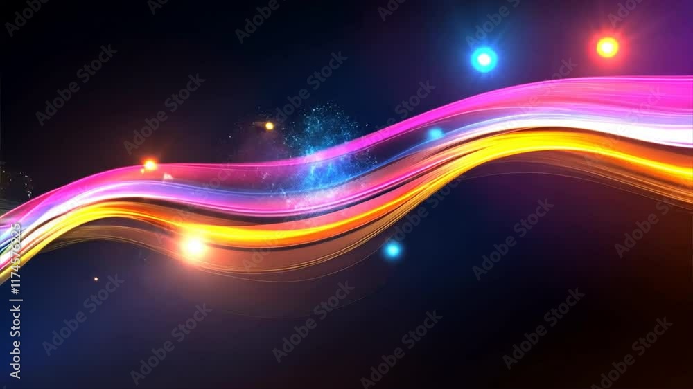 Poster vibrant abstract wave design featuring colorful light trails and sparkles creates dynamic energy bac