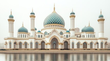 Obraz premium Majestic white mosque with teal domes and minarets reflected in calm water.