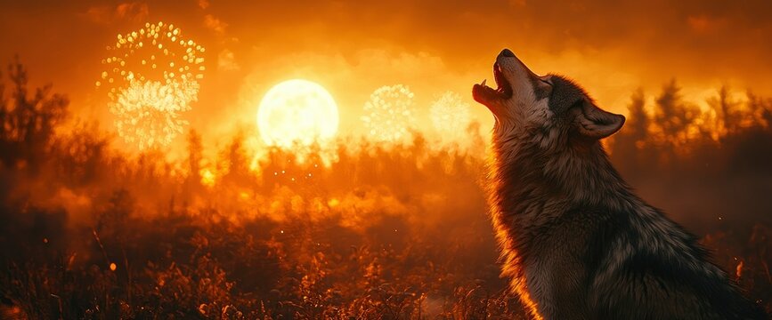 Majestic Wolf Howling at Sunset with Fireworks