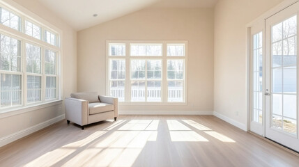 Fototapeta premium Bright and airy living room with large windows, natural light, and minimalist decor. Perfect for relaxation and enjoying view