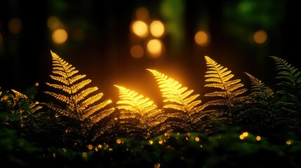 Illuminated fern fronds in a dark forest.
