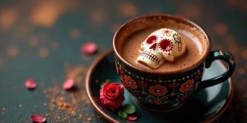 A whimsical cocoa beverage, adorned with a decorative skull-shaped confection, rests in an ornate cup, accompanied by delicate floral accents on a dark background.