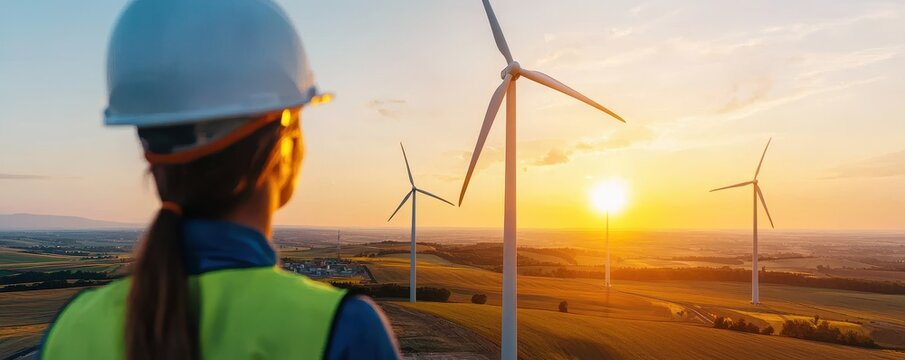 A woman in a hard hat observes wind turbines at sunset, symbolizing renewable energy and sustainable development.