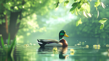 Relaxed duck floating in a serene pond, creating ripples on the water