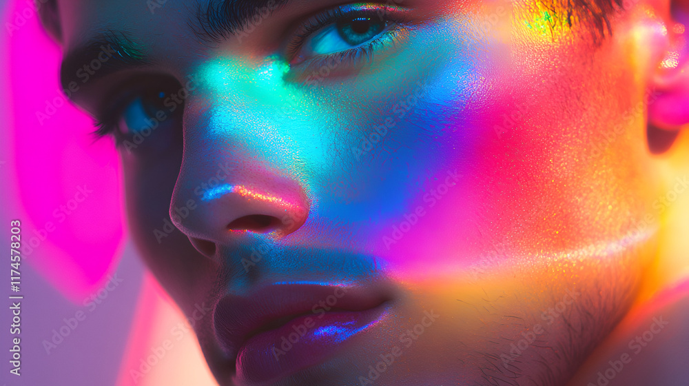 Poster chromatic portrait: a young man's face is dramatically illuminated by vibrant, multicolored light, c