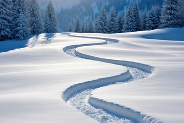 A serene winter landscape with winding tracks in fresh snow and frosted trees.