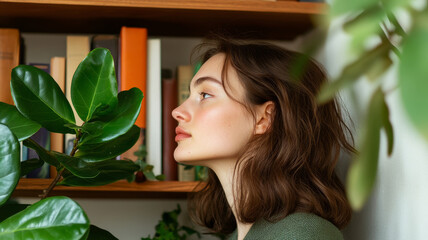 Fototapeta premium young woman with wavy hair gazes thoughtfully beside lush plant, surrounded by books on wooden shelf, creating serene and contemplative atmosphere