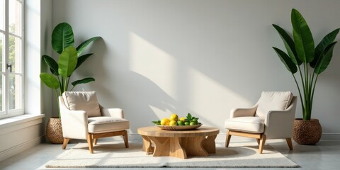 Serene Minimalist Living Room Interior Design with Two Armchairs and Tropical Plants