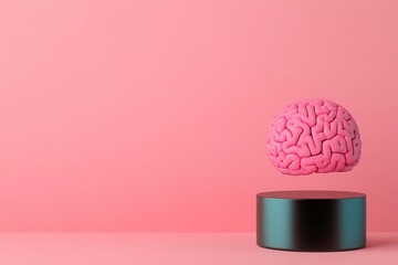 A pink brain levitates above a black base against a soft pink background, symbolizing creativity and intelligence.