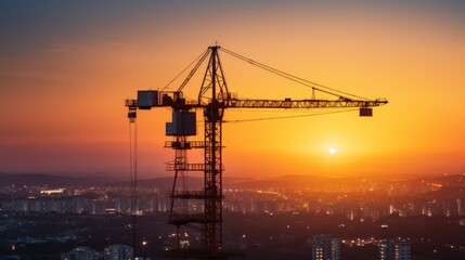 Construction Crane Silhouette at Sunset Over Cityscape