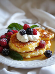 Syrniki With Berries and Whipped Cream Served on a Decorative Plate in a Cozy Kitchen Setting