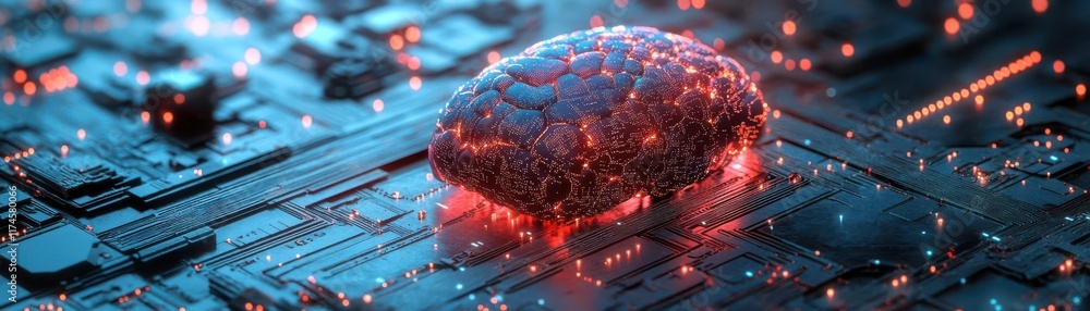 Poster a close-up view of a glowing microchip on a circuit board, showcasing intricate patterns and vibrant