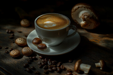 A steaming cup of coffee with mushrooms and scattered coffee beans on a wooden table, set against a cozy coffee shop backdrop, showcases an inviting product photography scene.