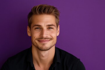 Obraz premium Confident caucasian man with styled hair and stubble wearing black shirt against purple background in professional portrait