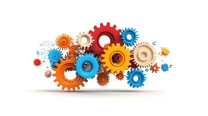 Colorful Conceptual Illustration of Interlocking Gears in Various Sizes and Colors Representing Collaboration, Innovation, and Mechanisms in Motion